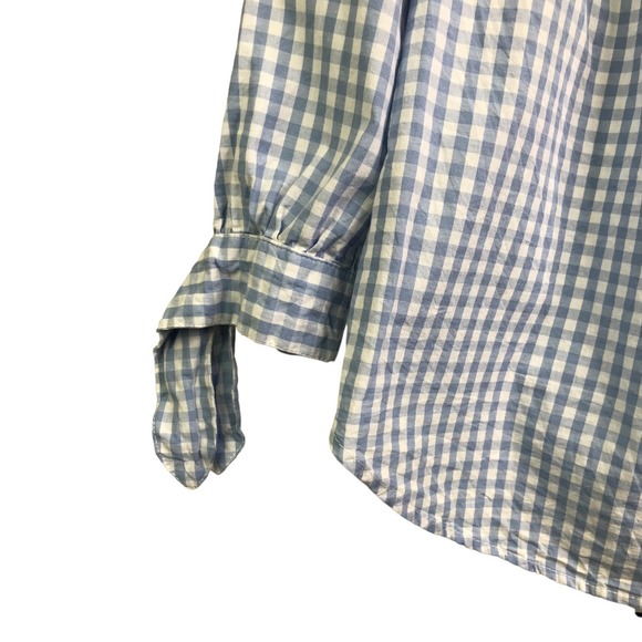 No Comment Blouse Womens Sz M Blue Gingham Check Off The Shoulder Top Sleeve Tie - Picture 4 of 9